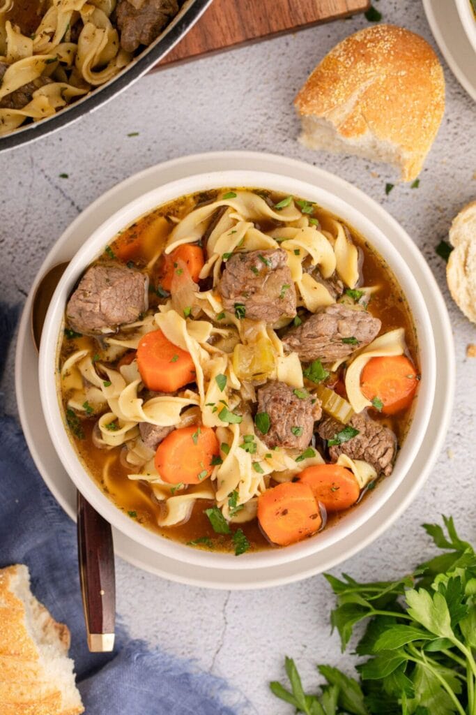 Beef noodle soup in a bowl.