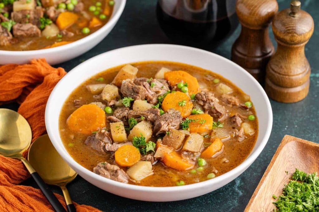 Crockpot beef stew in a bowl.