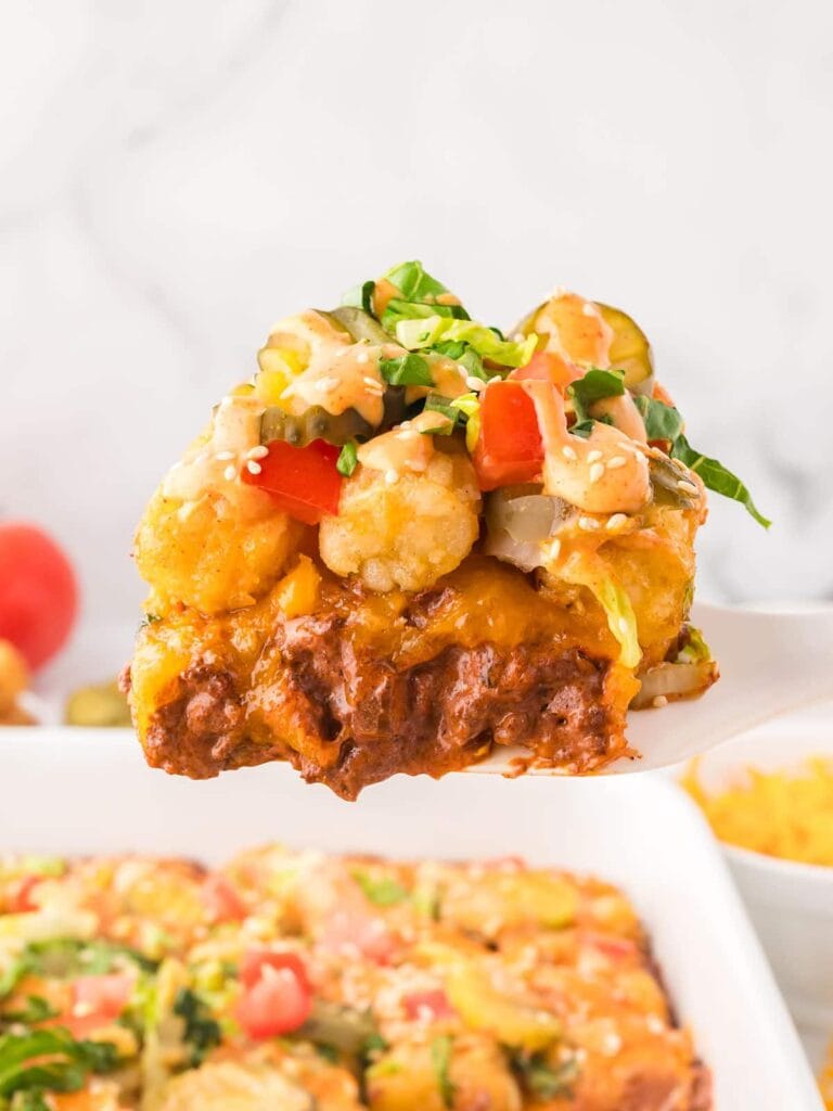 Close-up of Big Mac casserole on a spatula.