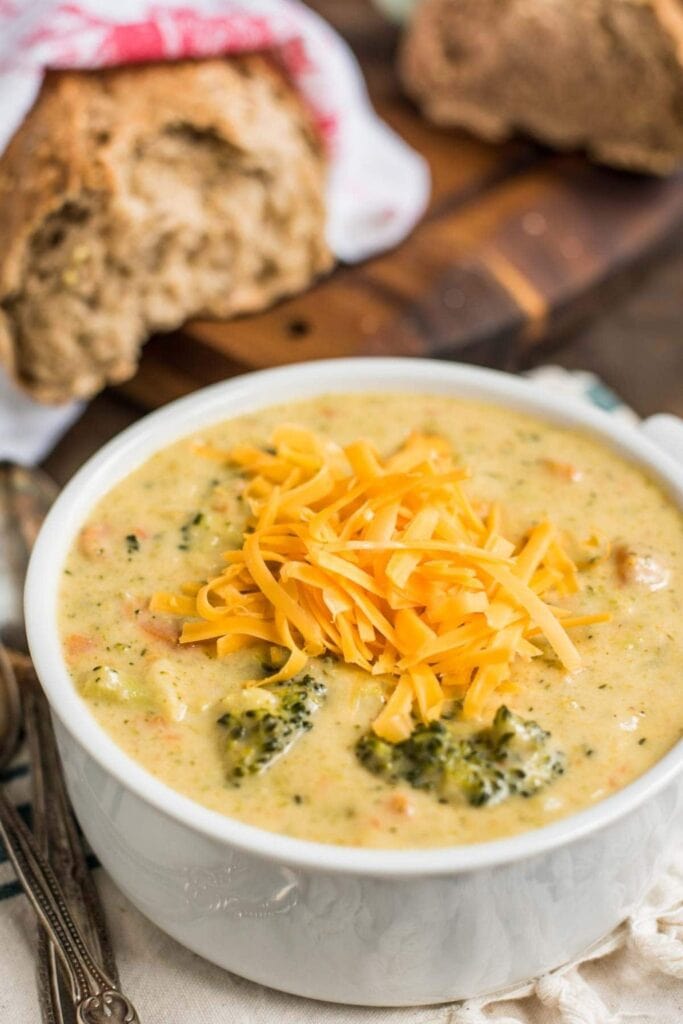 Broccoli cheddar soup in a bowl.