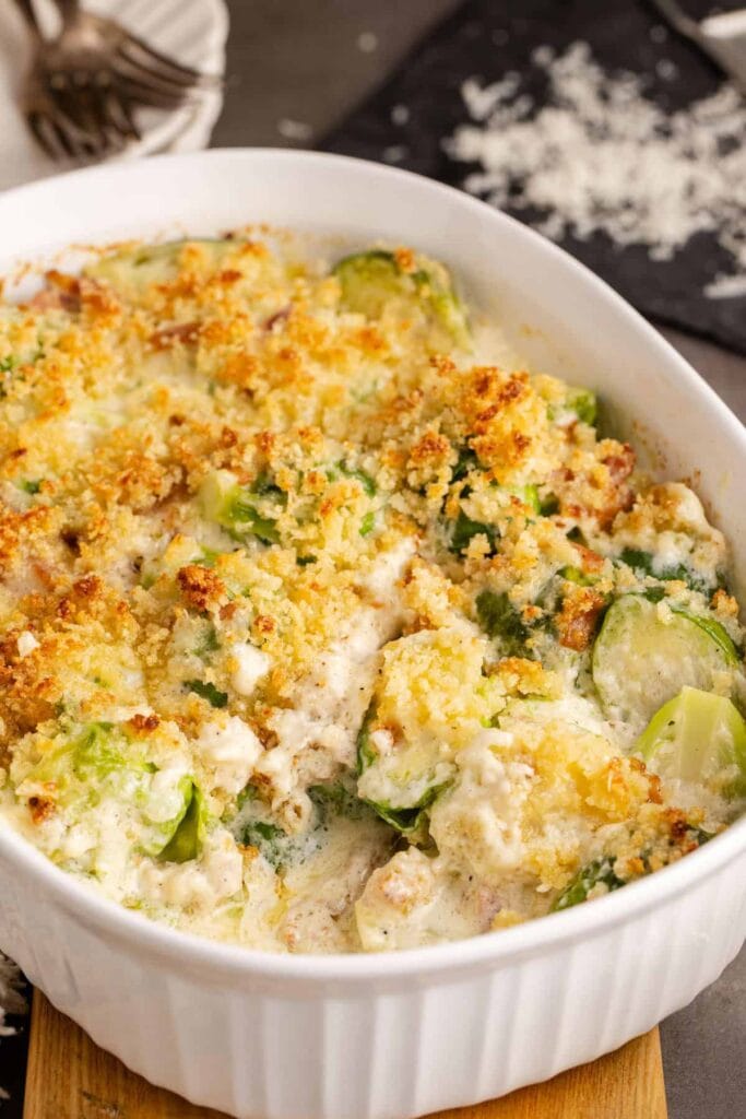 Brussels sprout casserole in a baking dish.