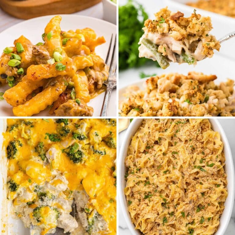 Collage of cheap casserole recipes for budget family dinners.
