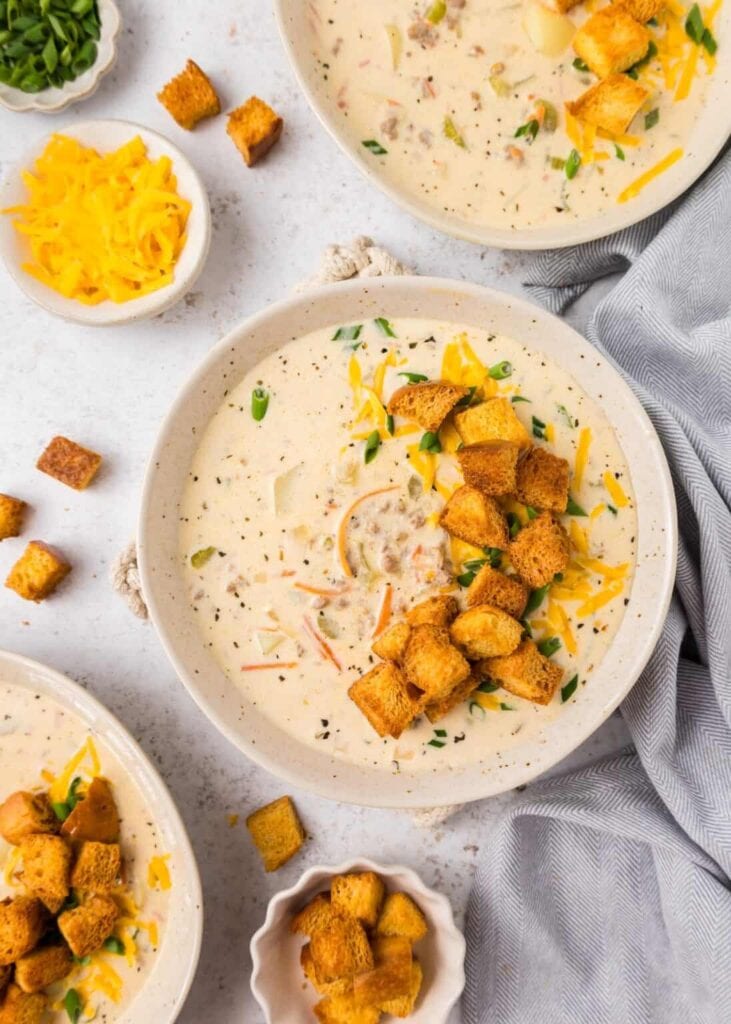 Cheeseburger soup in a bowl.