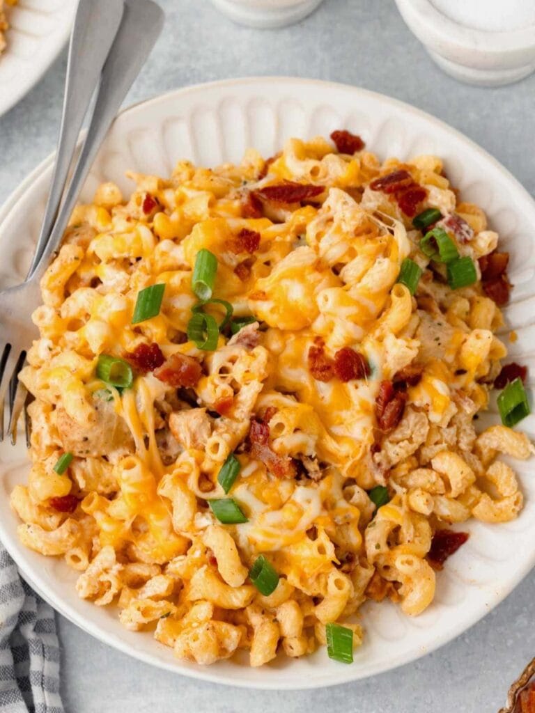 Cheesy chicken casserole on a plate.