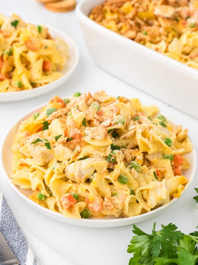Chicken and noodle casserole on a plate.