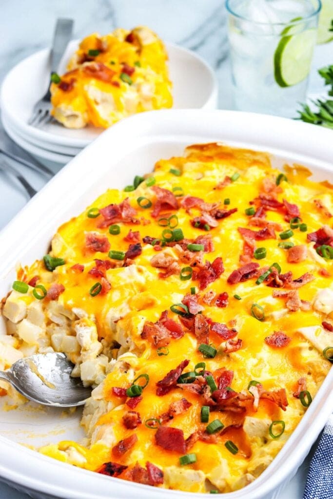 Chicken and potato casserole in a baking dish.