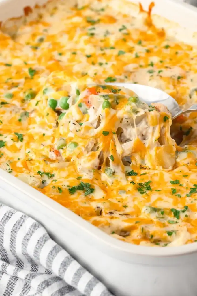 Chicken and potato casserole in a baking dish.