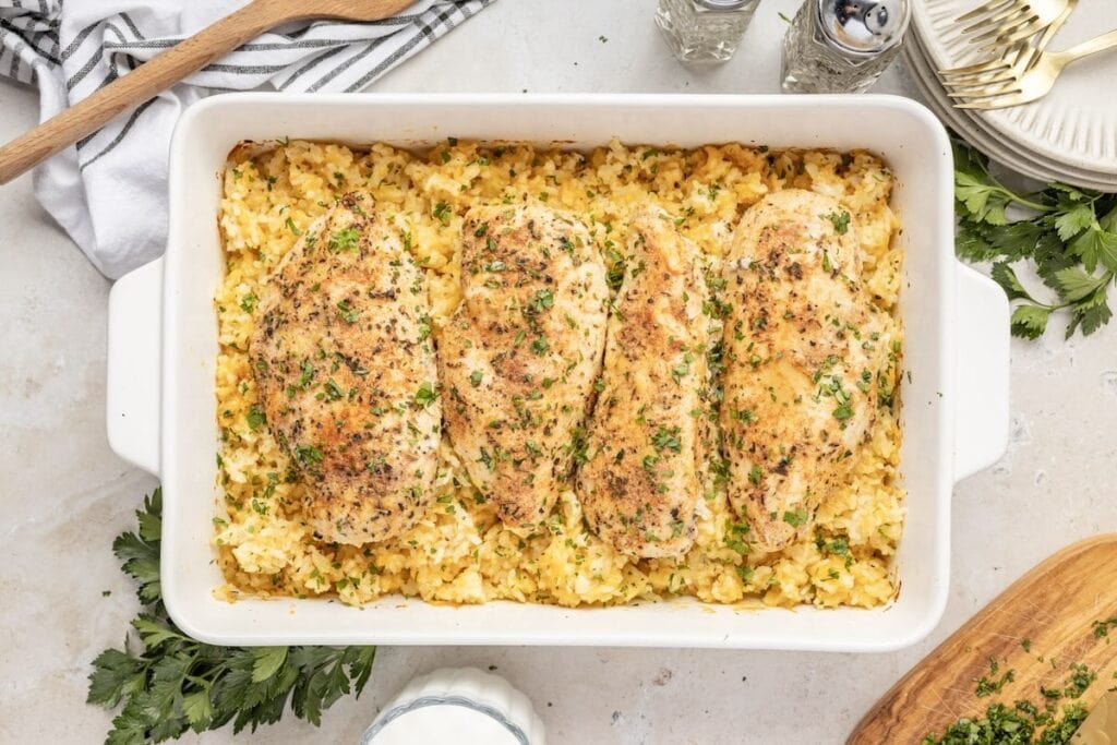 Chicken and rice casserole in a baking dish.