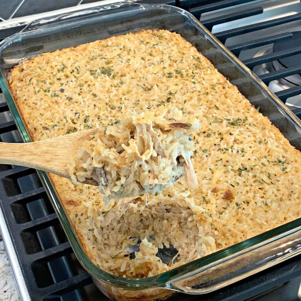 Chicken and rice casserole in a baking dish.