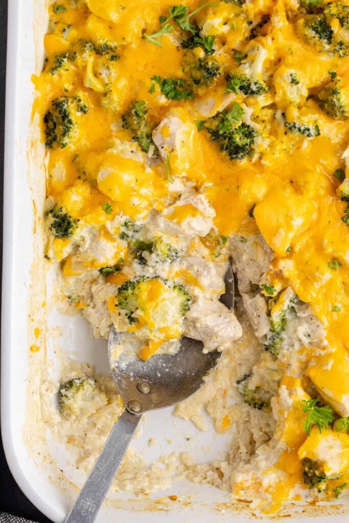 Chicken broccoli and rice casserole in a baking dish.