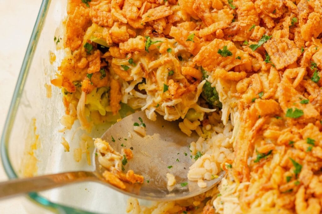 Chicken broccoli casserole in a baking dish.