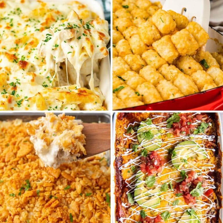 Collage of chicken casserole recipes for cozy family dinners.