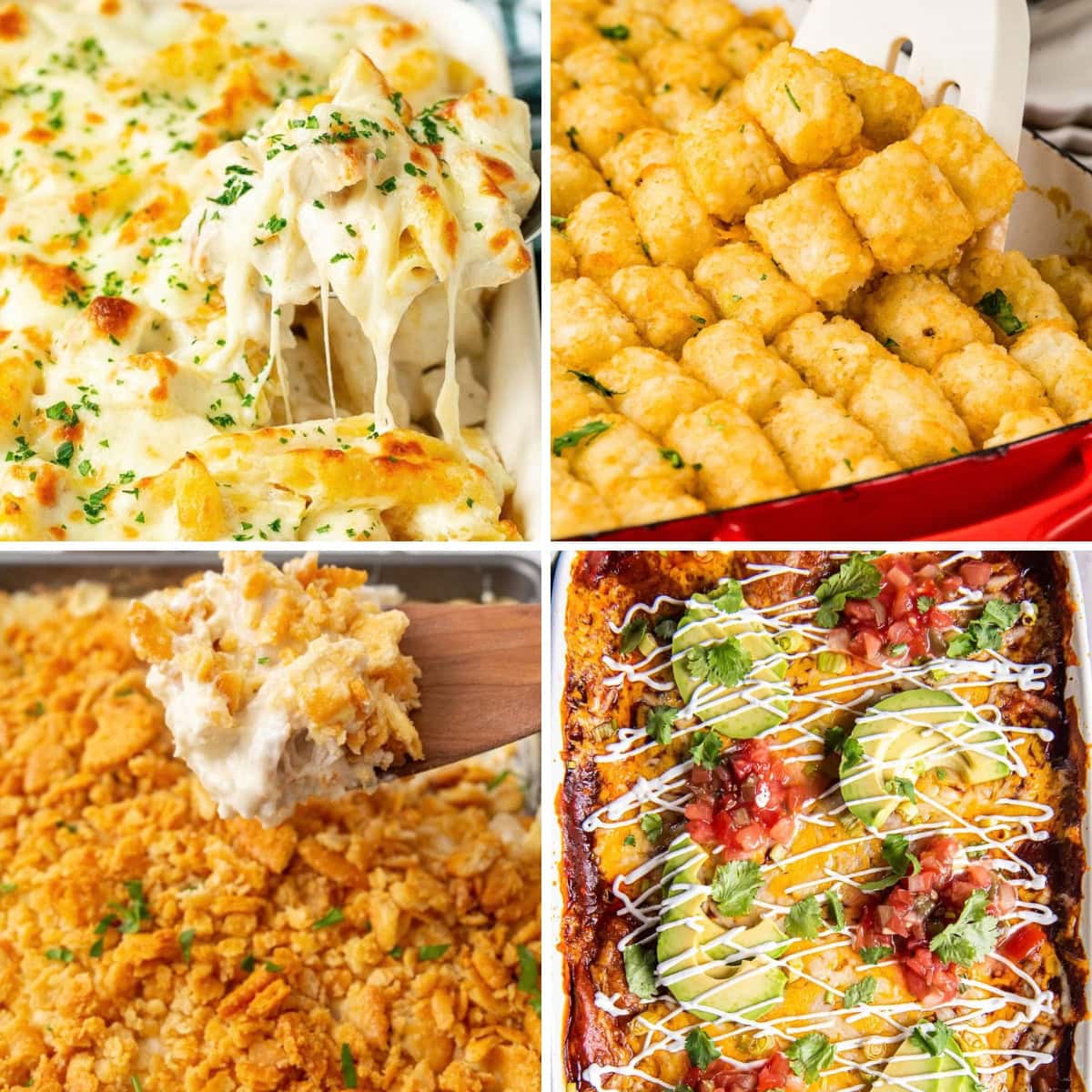 Collage of chicken casserole recipes for cozy family dinners.