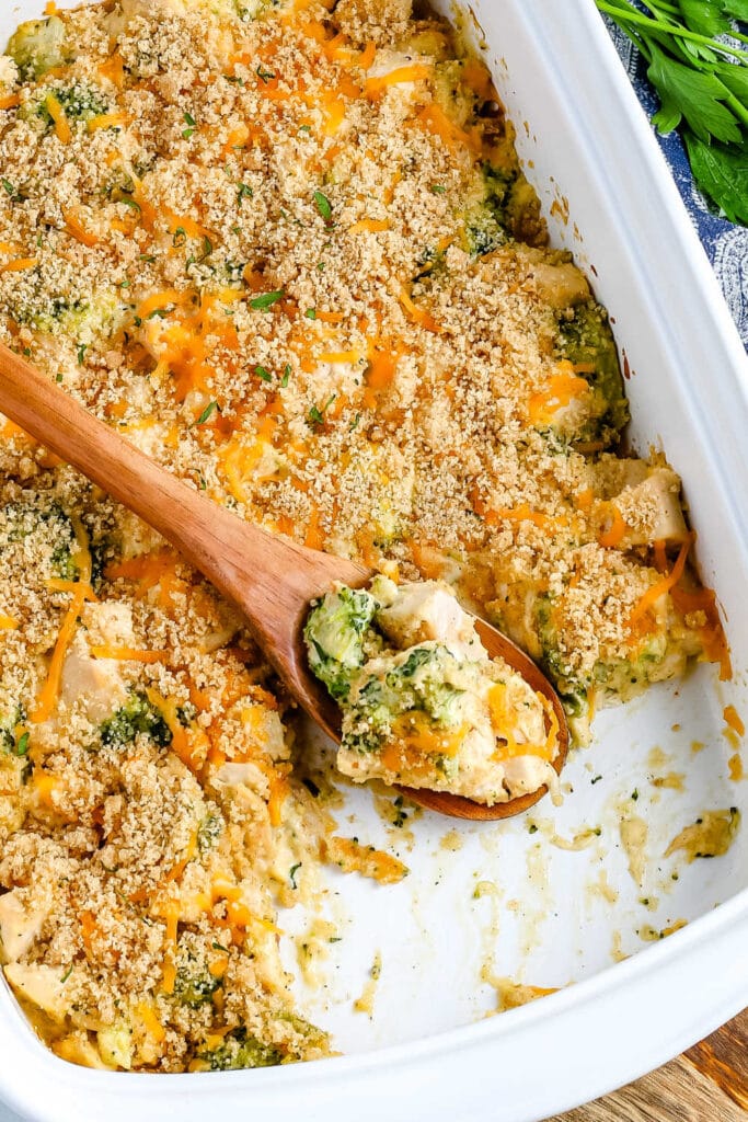 Chicken Divan casserole in a baking dish.
