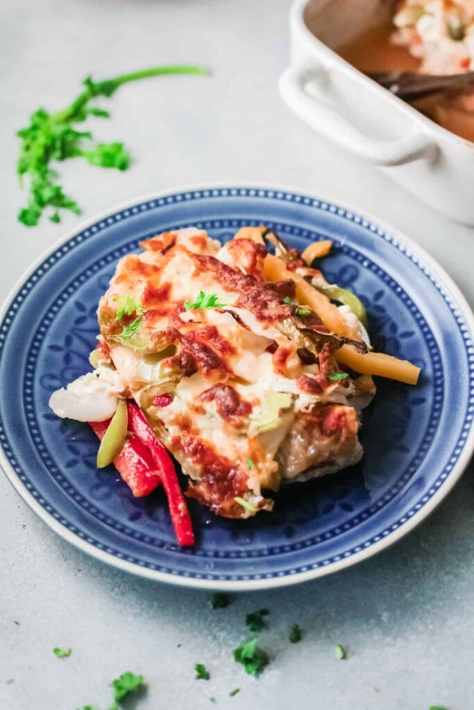 Chicken fajita casserole on a plate.