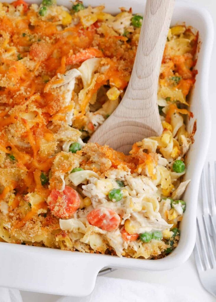 Chicken noodle casserole in a baking dish.