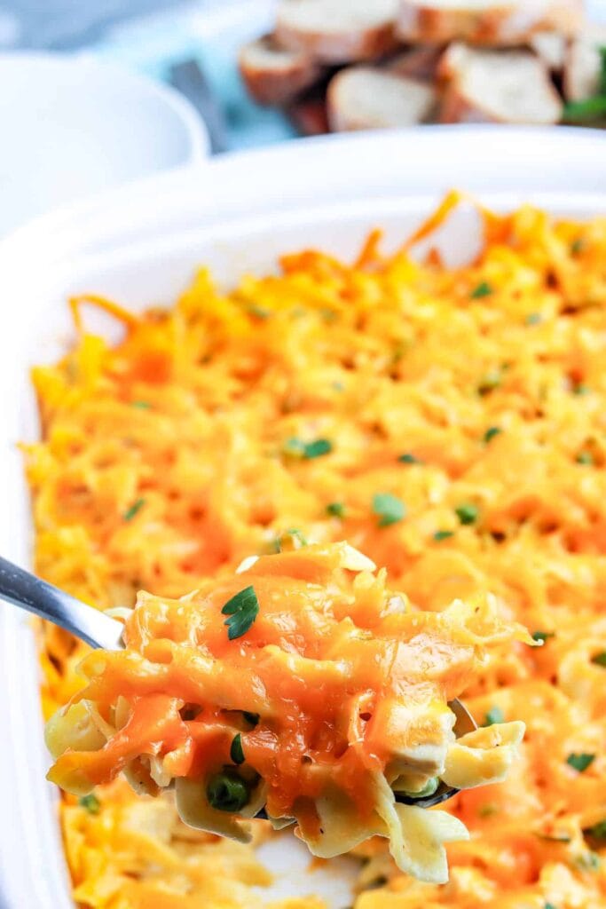 Chicken noodle casserole in a baking dish.