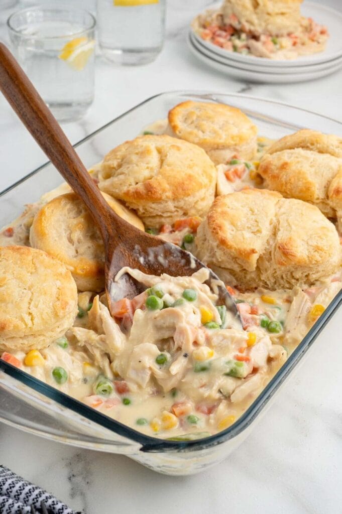 Chicken pot pie casserole in a baking dish.