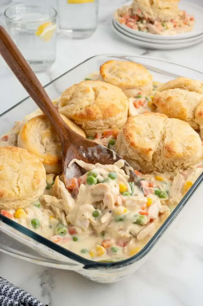 Chicken pot pie casserole in a baking dish.