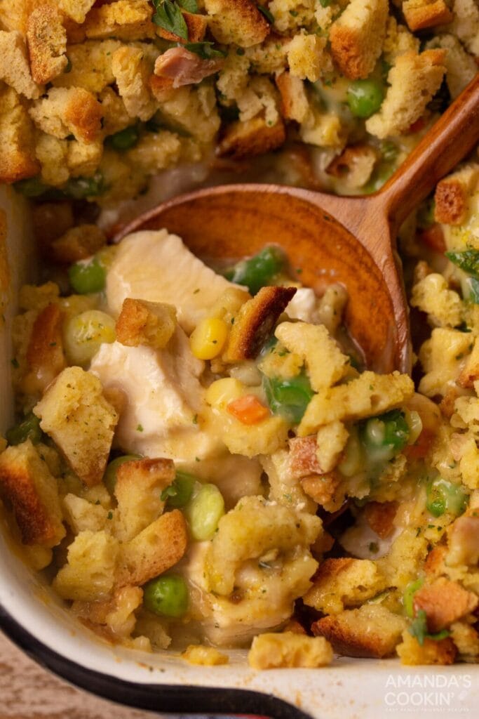 Chicken stuffing casserole in a baking dish.