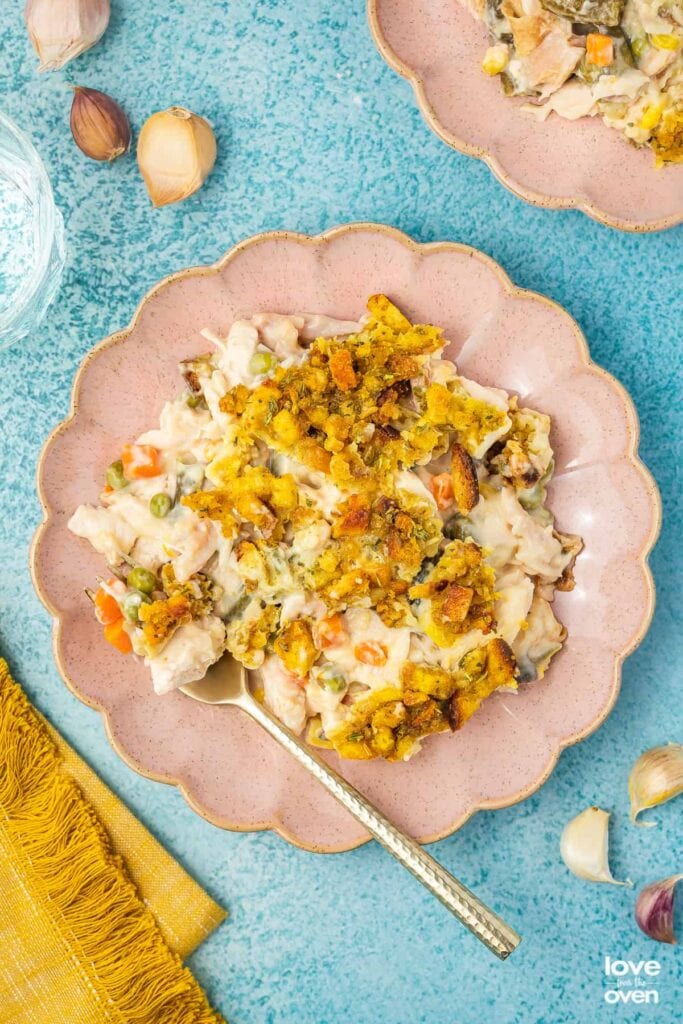 Chicken stuffing casserole on a plate.