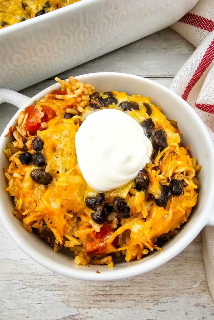 Chicken taco casserole in a bowl.