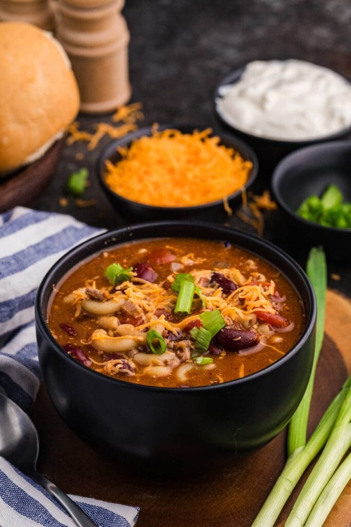 Chili mac soup in a bowl.