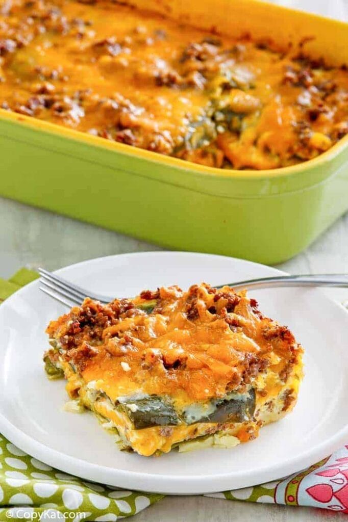 Chili relleno casserole on a plate.