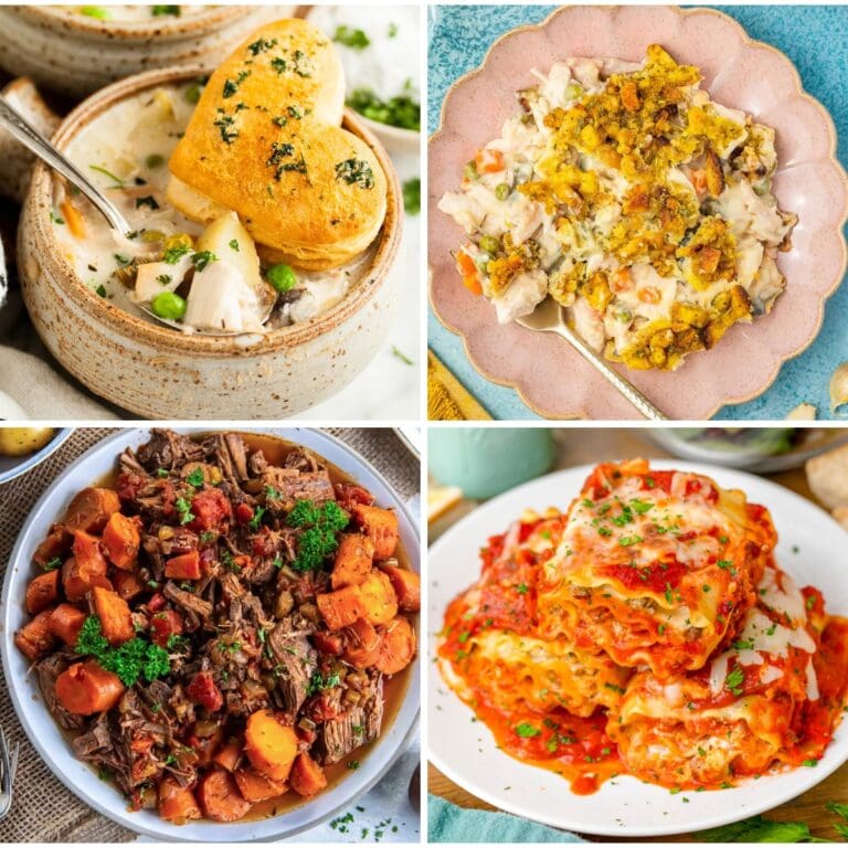 Collage of cold weather dinner ideas for families.