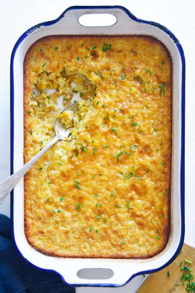 Corn pudding in a baking dish.