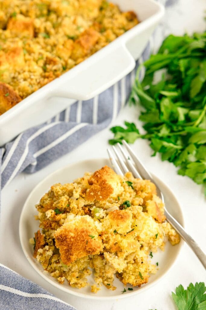 Cornbread stuffing on a plate.