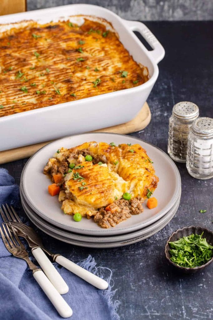 Cottage Irish pie with mashed potato topping on a plate.