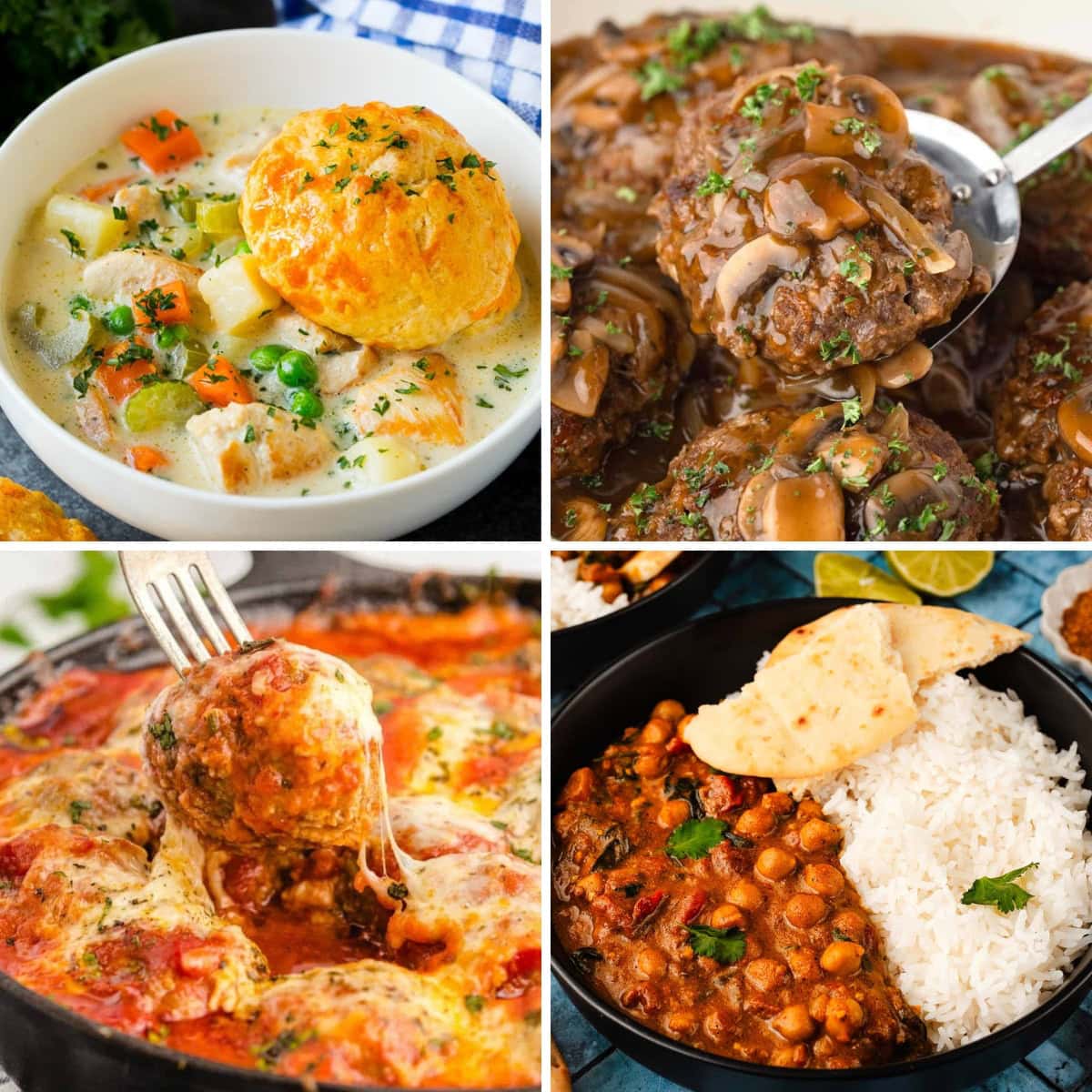 Collage of cozy winter dinner recipes for cold weather.