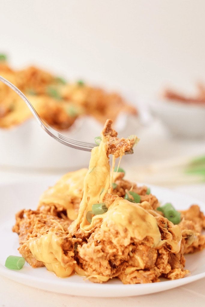 Slow cooker crack chicken on a plate.