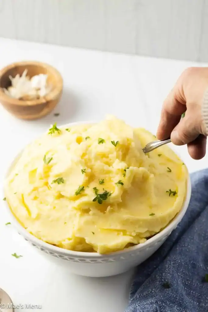 Cream cheese mashed potatoes in a bowl.