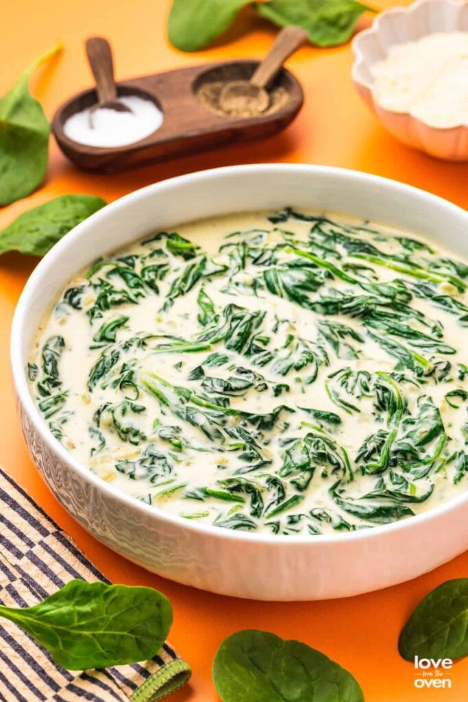 Creamed spinach in a bowl.