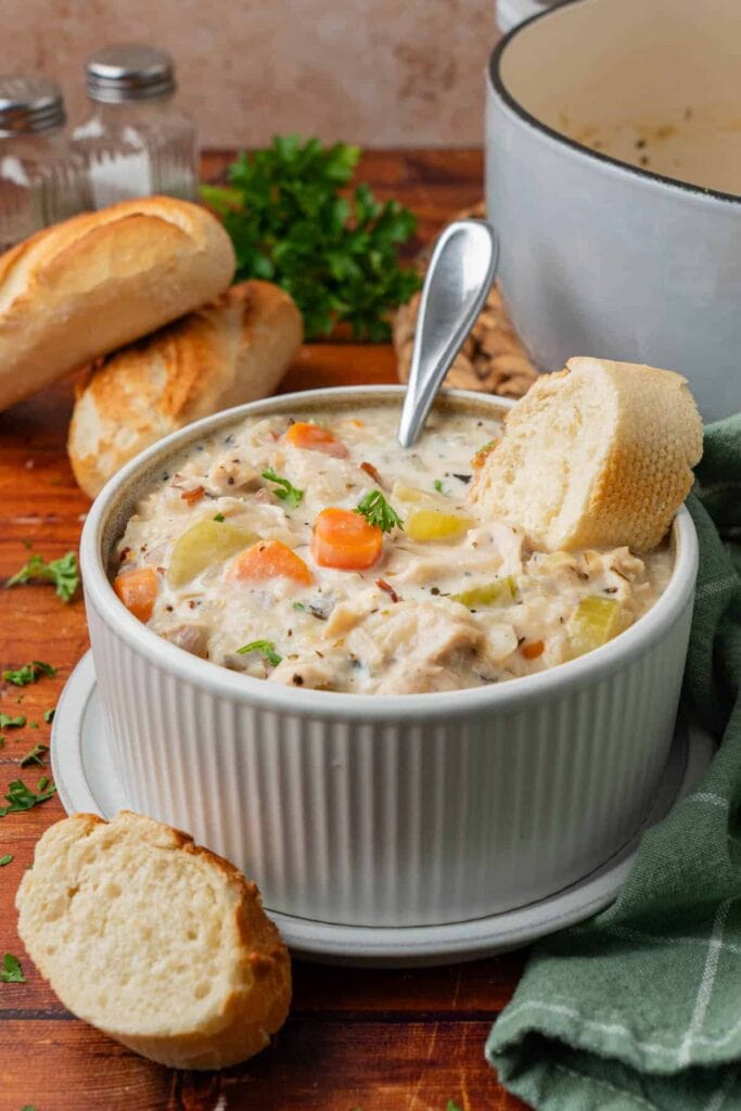 Creamy chicken and wild rice soup in a bowl.