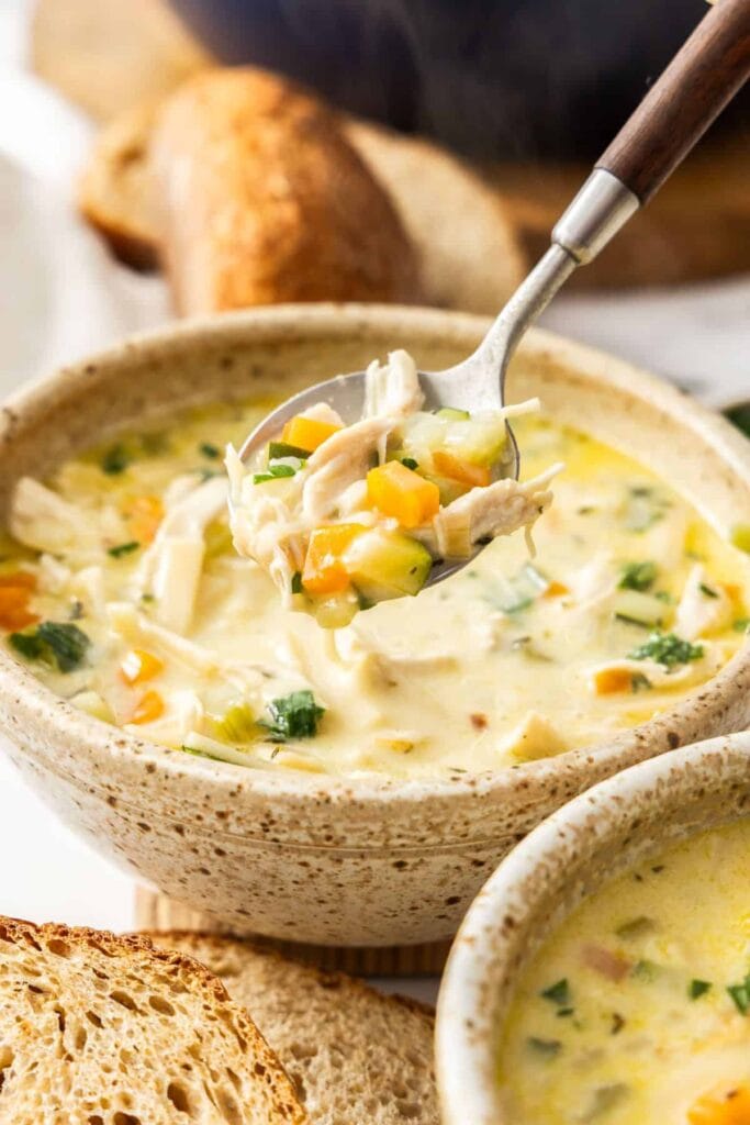 Creamy chicken noodle soup in a bowl.