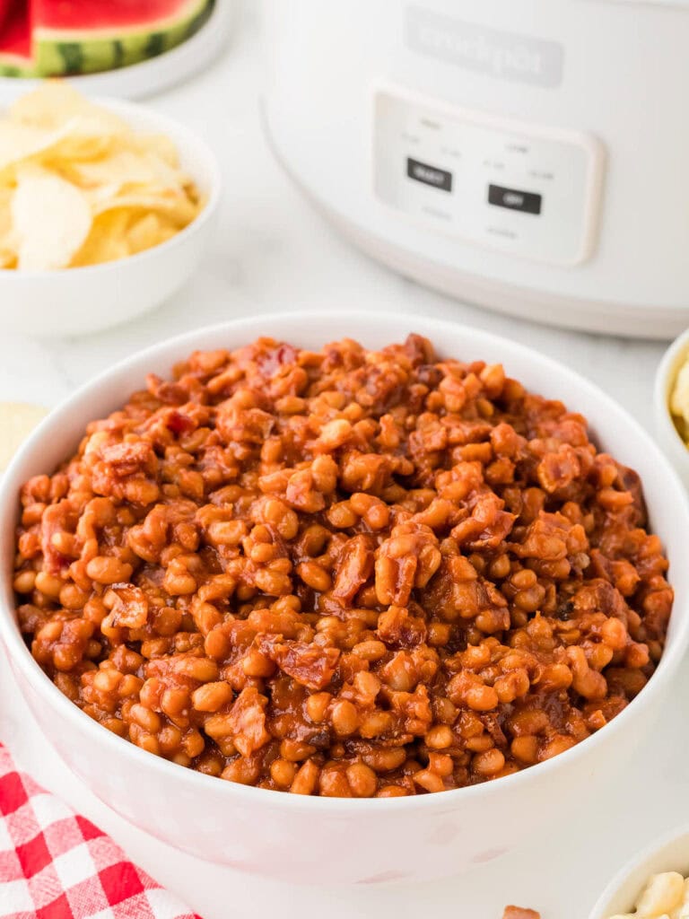 Crock Pot baked beans in a bowl.