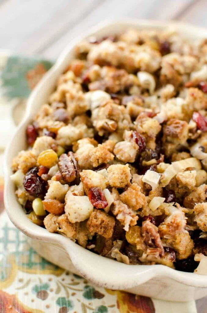 Crock Pot cranberry pecan stuffing in a serving dish.