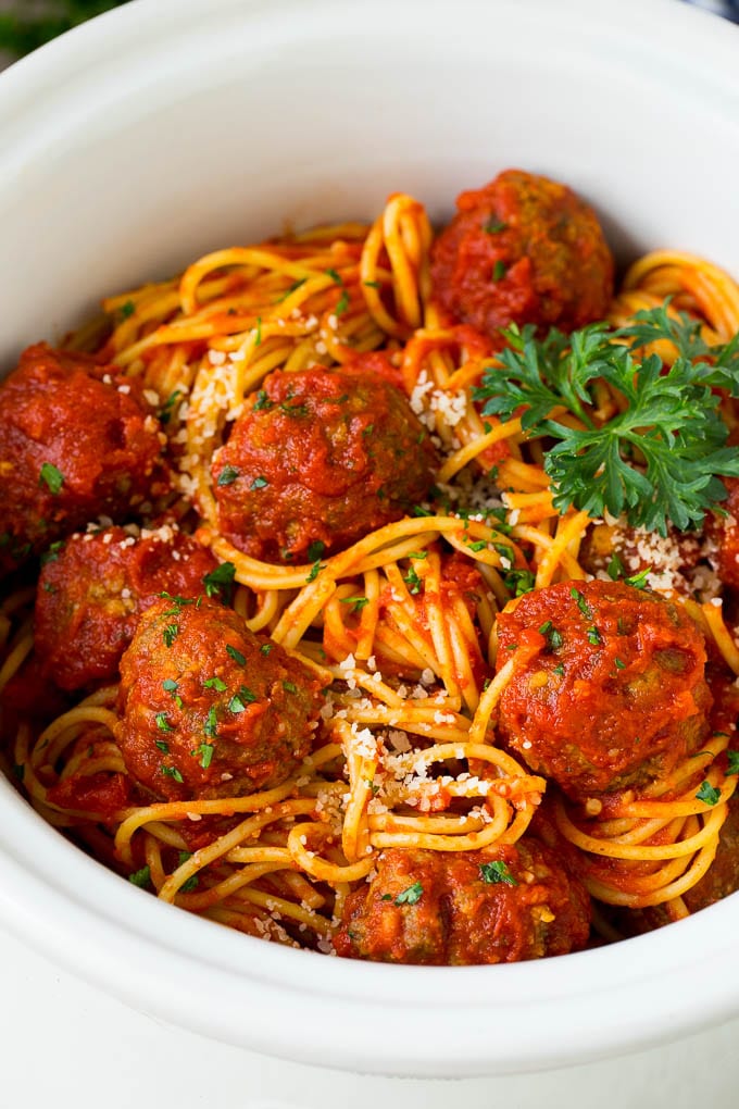 Spaghetti and meatballs in a slow cooker.