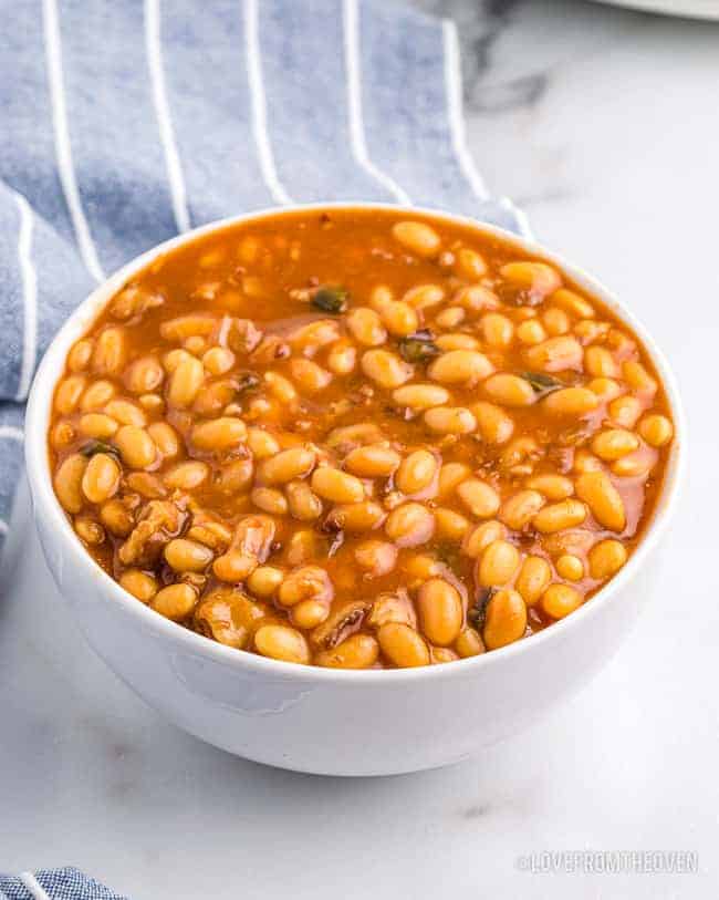 Crockpot baked beans in a bowl.