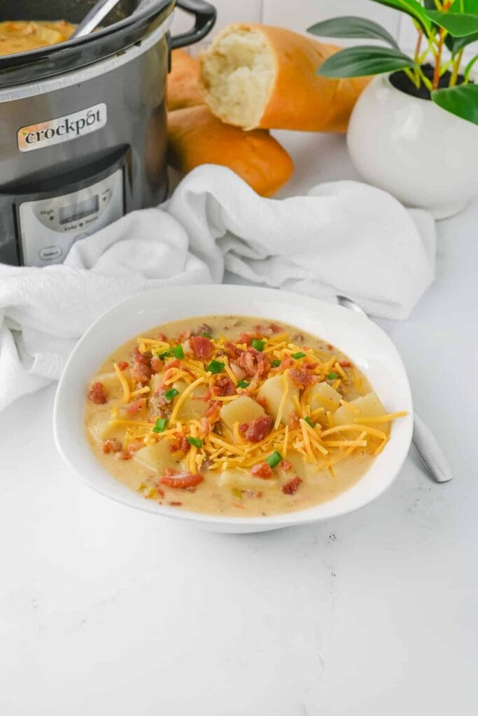 Crockpot cheeseburger soup in a bowl.