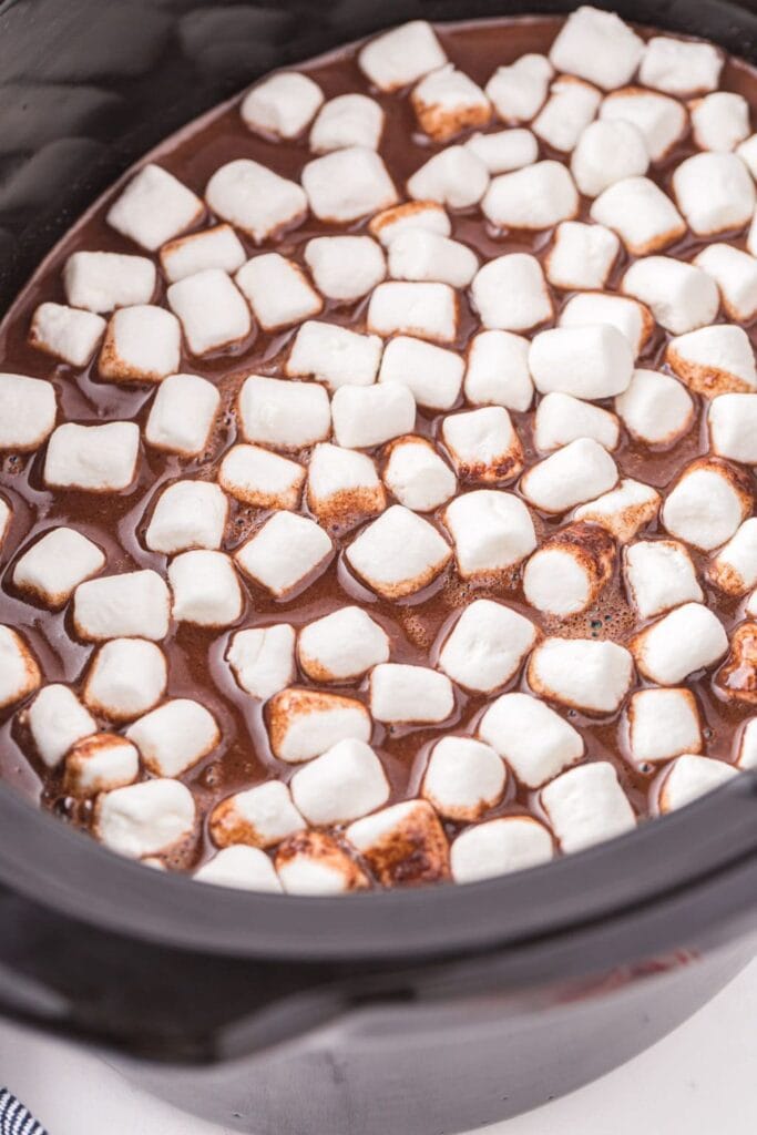 Hot chocolate with marshmallows in a crockpot.
