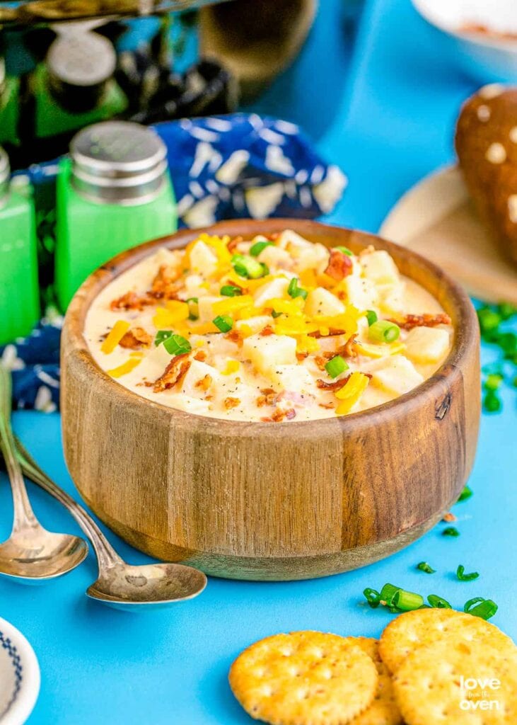 Crockpot potato soup in a bowl.