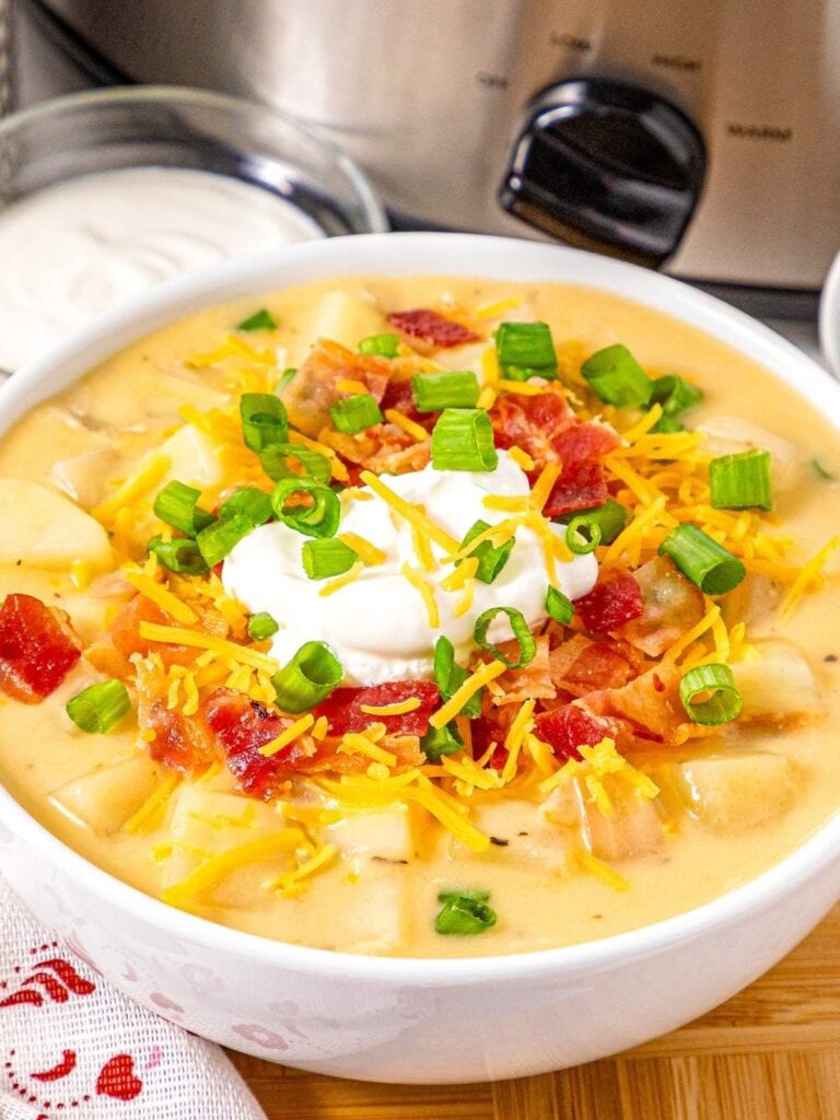 Crockpot potato soup in a bowl.