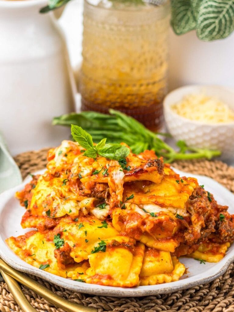 Crockpot ravioli lasagna on a plate.