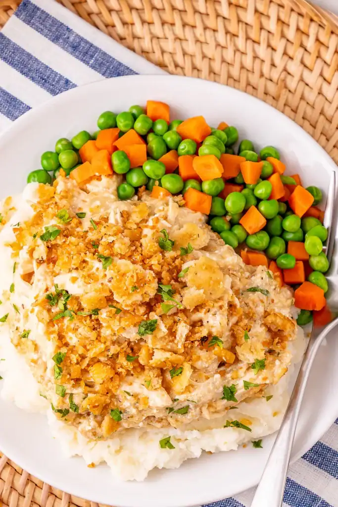 Crockpot Ritz cracker chicken casserole on a plate.