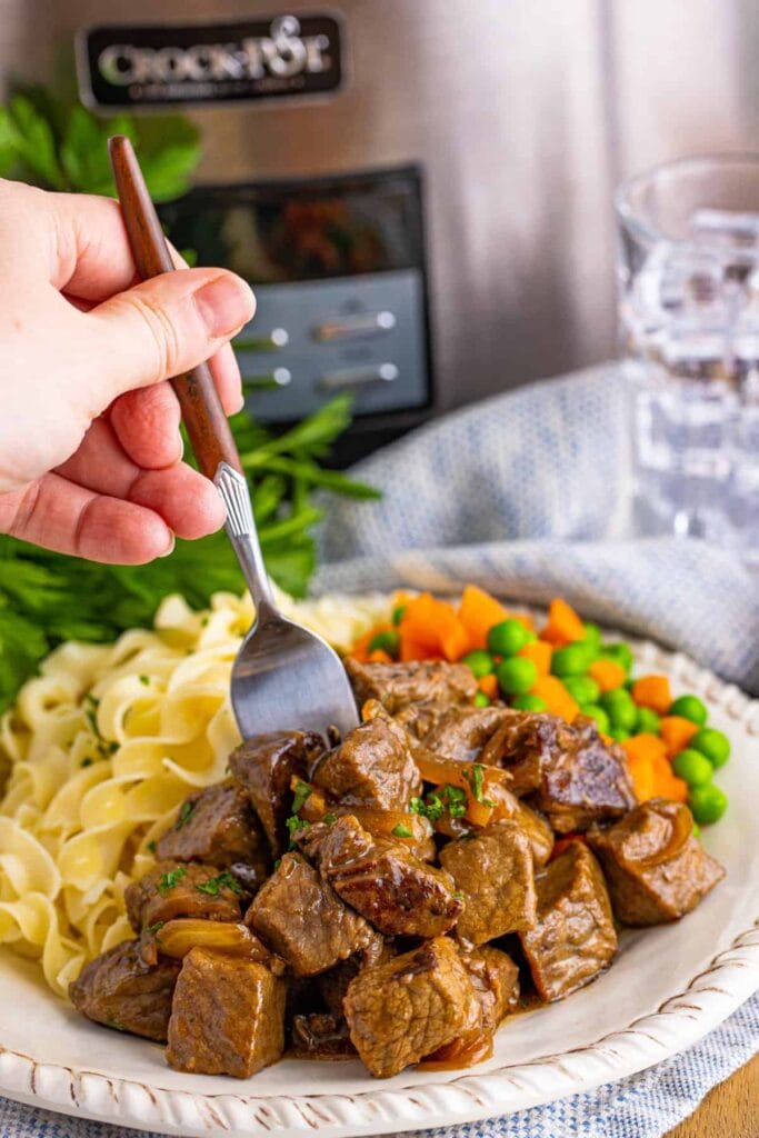 Crockpot steak bites on a plate.