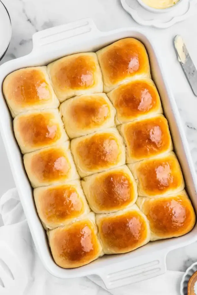 Dinner rolls in a baking dish.